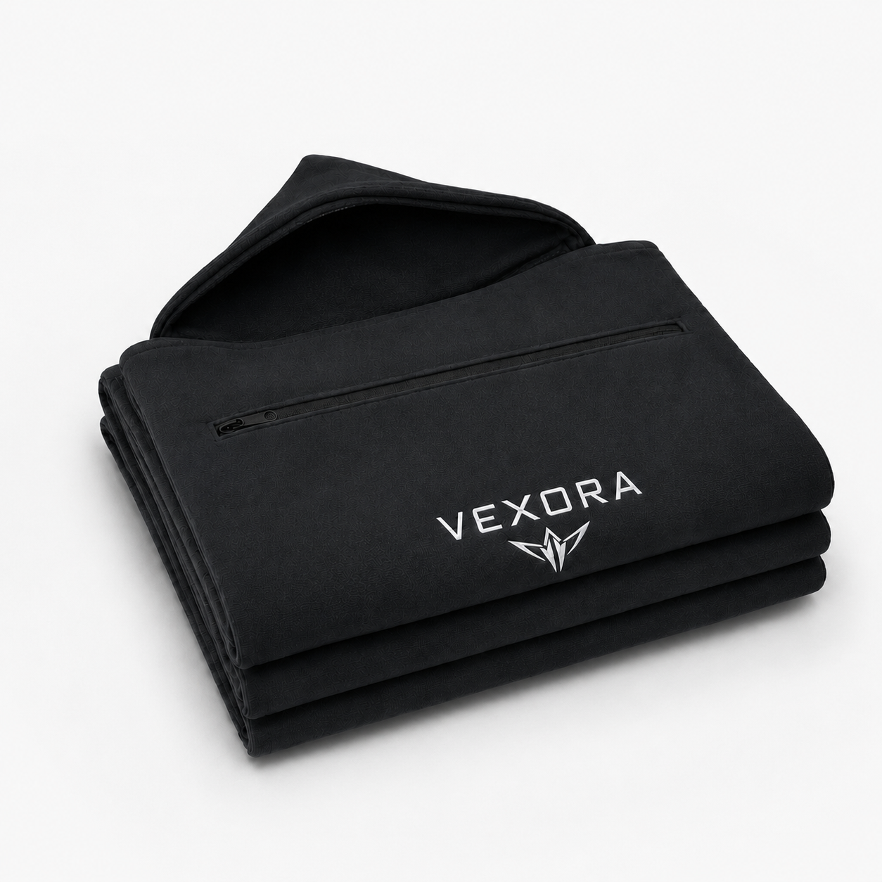 Vexora — Toalla deportiva con capucha, color negro, plegada con bolsillo con cremallera