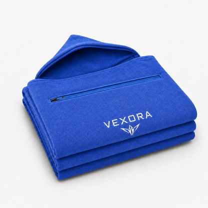 Vexora — Toalla deportiva con capucha, color azul, plegada con bolsillo con cremallera