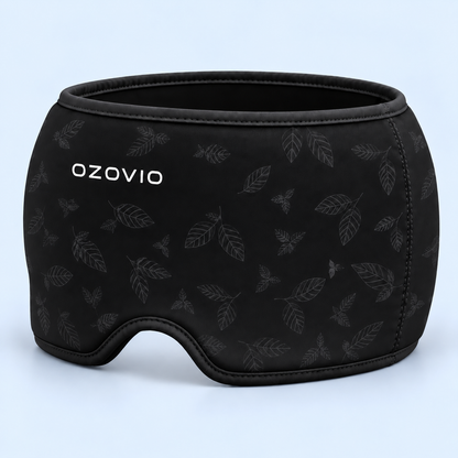 Máscara antimigraña OZOVIO en color negro, con el estampado de hojas en relieve